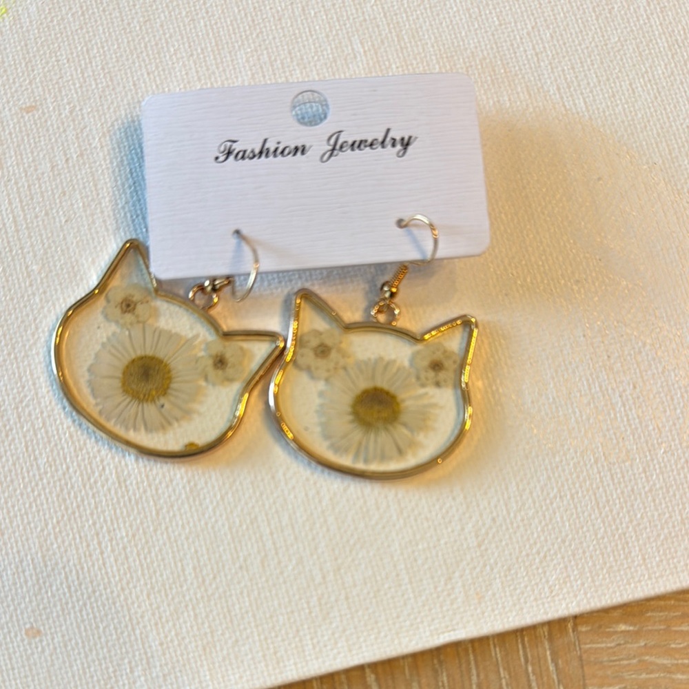 Gold Cat Shaped Earrings with Floral Design